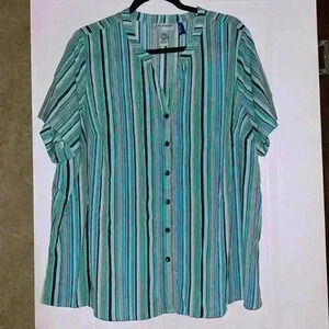1X plus size Catherine's striped blouse plus blues greens flowy beachy